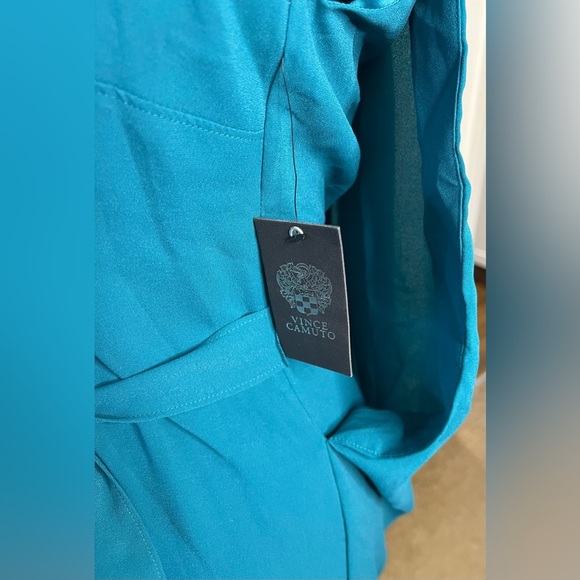 NWT Vince Camuto sleeveless teal dress. Pleated cape back. wrap sash belt. 2 - Picture 7 of 16